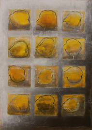 Irmtraut Fliege, »Früchte auf gelbem Feld« 2012, Mischtechnik auf Papier auf Holz, 57 x 40 cm